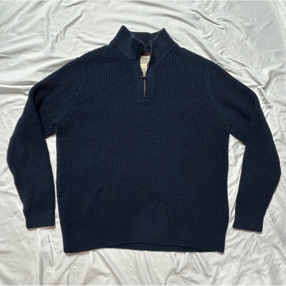 LL Bean Mens Navy Blue 100% Organic Cotton Waffle Knit 1/4 Zip Sweater 508120 L